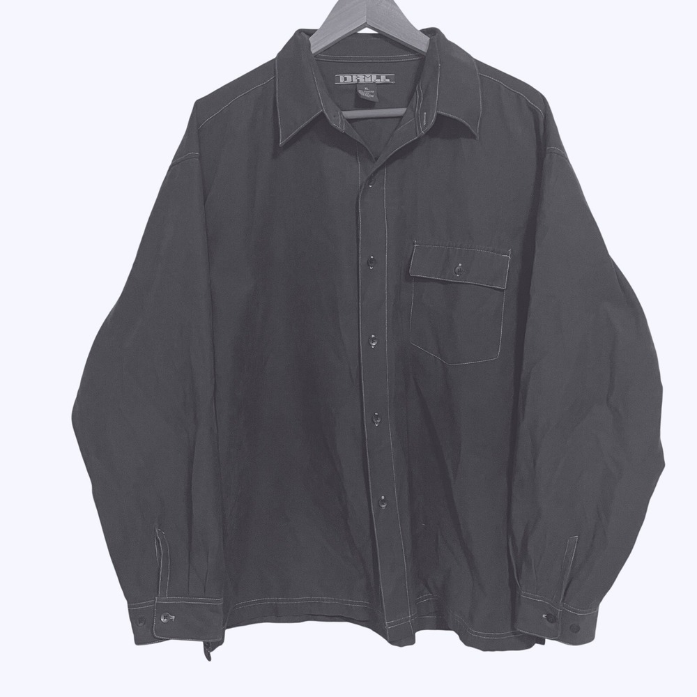 Drill Button Down Shirt Mens XL Black Microfiber Contrast Stitch Long‎ Sleeve